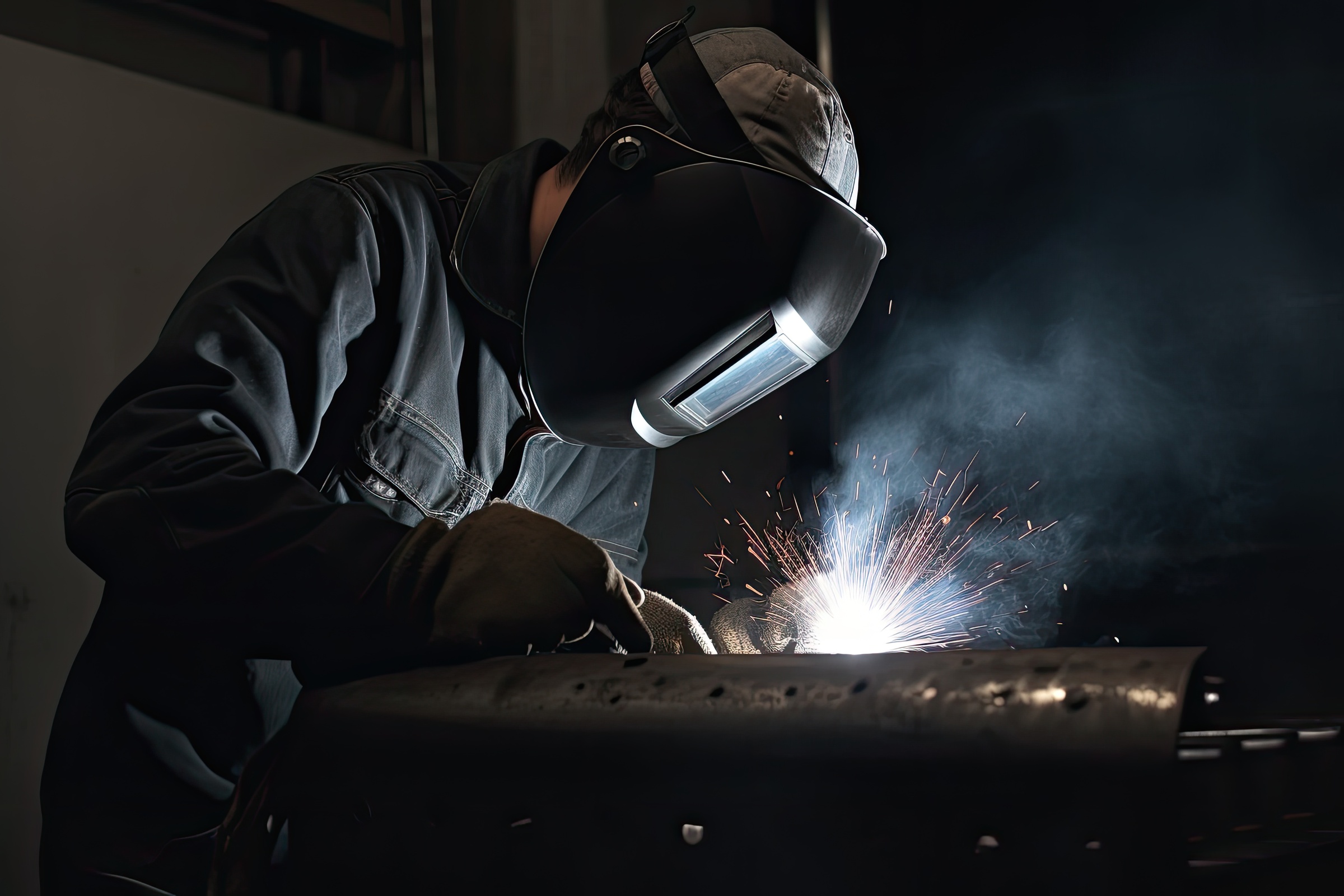 2400 male welder wearing protective clothing and welding metal on construction site an industrial welder wearing full protection and walding ai generated